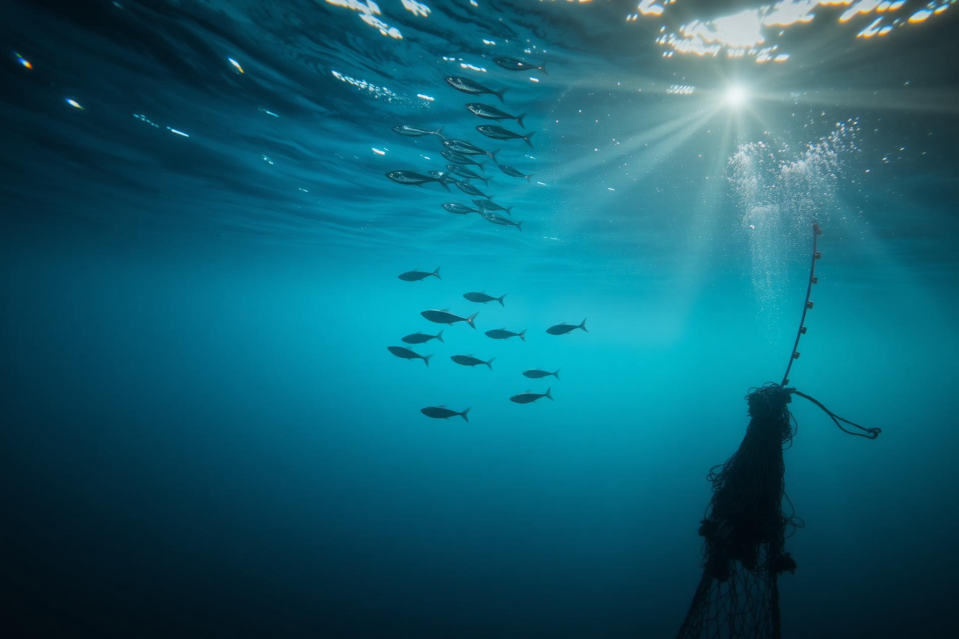 Sunlight piercing the ocean surface as fish swim near a drifting net