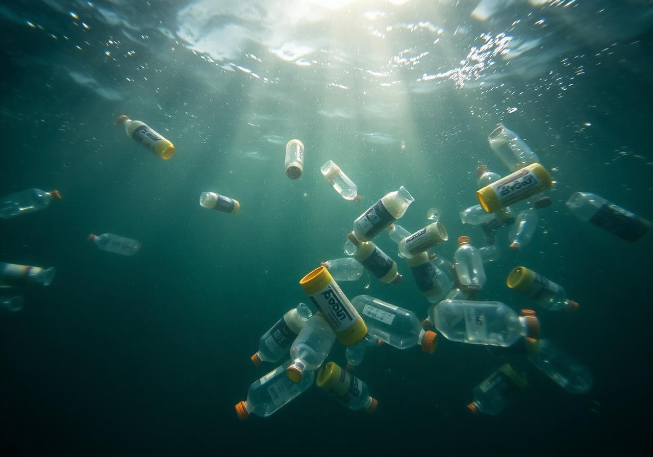 Plastic bottles drifting in polluted seawater
